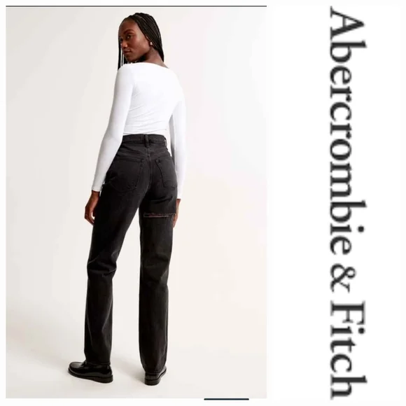 NWT Abercrombie & Fitch Women's Black 90's Straight Jeans ~6L - Picture 2 of 6